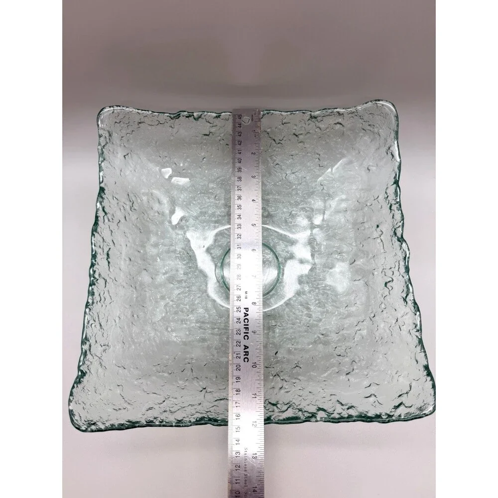 VTG San Miguel Style Recycled Ice Glass Square Bowl Pale Aqua Green Bark 12” MCM